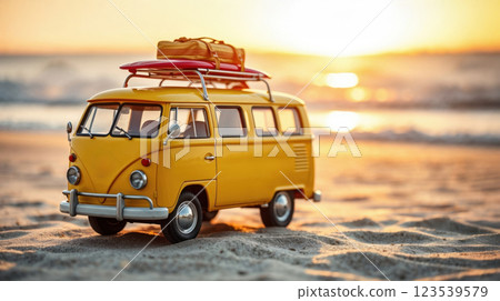 A miniature yellow bus, surfboard on roof 123539579