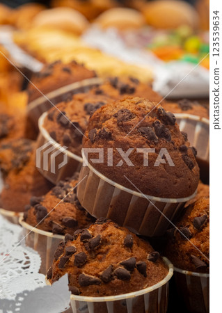 Baking sweet and salty in a cafe window close-up 123539634