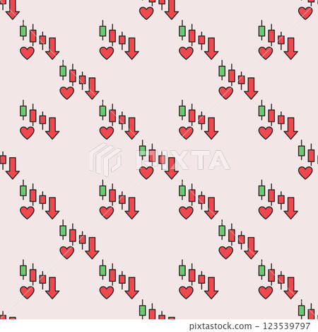 Red Heart with Falling Candlestick Chart vector Emotional Connection to Trading colored seamless pattern 123539797