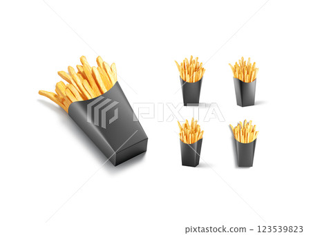 Blank black paper pack with french fries mockup, different views Blank black paper pack with french fries mockup, different views 123539823