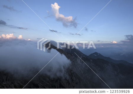 Panoramic view Freyungen mountains from Nordlinger hut on Karwendel Hohenweg, Austria Panoramic view Freyungen mountains from Nordlinger hut on Karwendel Hohenweg, Austria 123539926