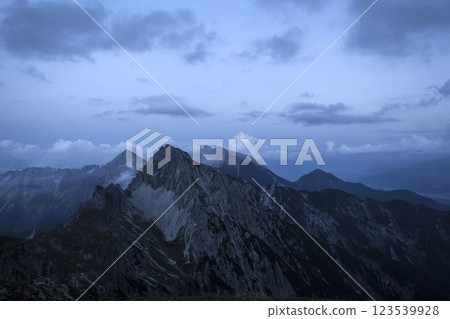 Panoramic view Freyungen mountains  from Nordlinger hut on Karwendel Hohenweg, Austria 123539928