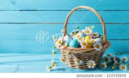 Easter basket with colorful decorated eggs 123539939