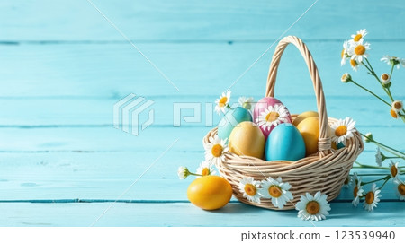 Easter basket with colorful decorated eggs 123539940