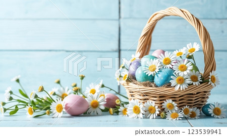 Easter basket with colorful decorated eggs 123539941