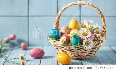 Easter basket with colorful decorated eggs 123539942