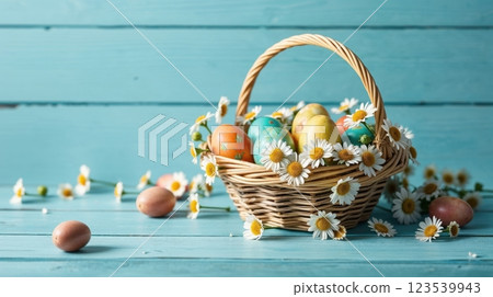 Easter basket with colorful decorated eggs 123539943