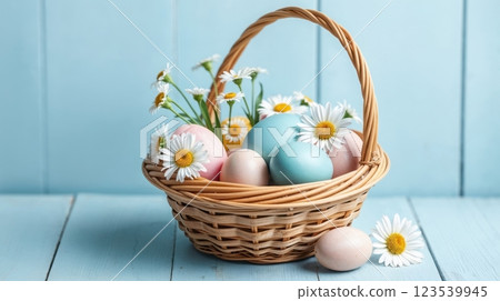 Easter basket with colorful decorated eggs 123539945