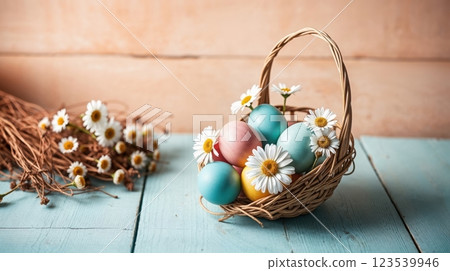 Easter basket with colorful decorated eggs 123539946