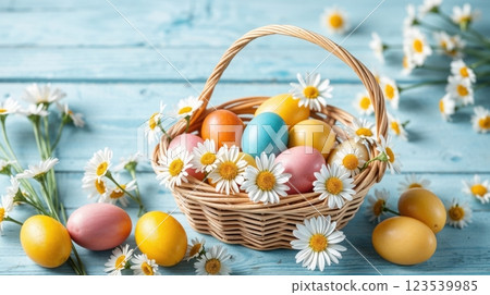 Easter basket with colorful decorated eggs 123539985