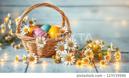 Easter basket with colorful decorated eggs Easter basket with colorful decorated eggs 123539986