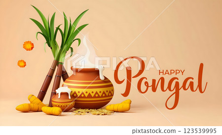 Tamil Nadu festival Happy Pongal with Pongal props, holiday Background, Pongal celebration greeting card. 123539995