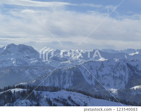 Mountain hiking at Brecherspitze mountain, Bavaria, Germany in wintertime 123540083