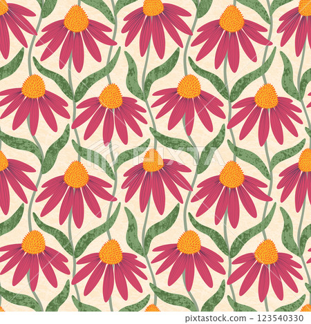 Coneflower seamless pattern. Vibrant pink Echinacea flowers and green leaves on textured light background. Floral repeat design for fabric, wallpaper, print. Hand drawn botanical illustration tile 123540330
