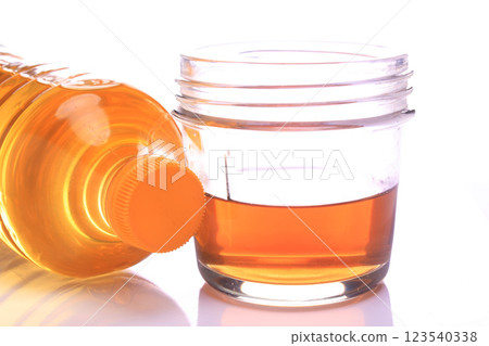 Front view of cooking oil bowl full of reflection shadow isolated on white 123540338