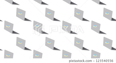 Laptop Heart sticker Ukrainian flag colors on lid Seamless Pattern. Online study Pc shop Background 123540556