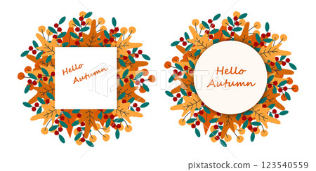Hello Autumn Freehand lettering Quadratic and Circular Note Pages Autumn Leaves Frame borders Set 2 123540559