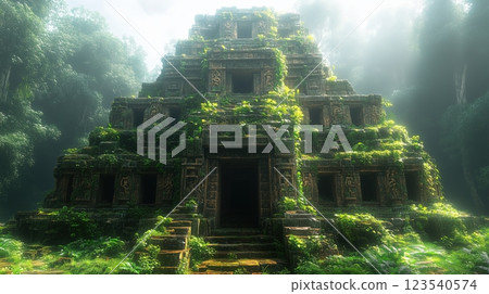 A photograph of a ruined temple, overgrown with vines and trees, capturing the remnants of a forgotten civilization and the power of nature's resilience. 123540574