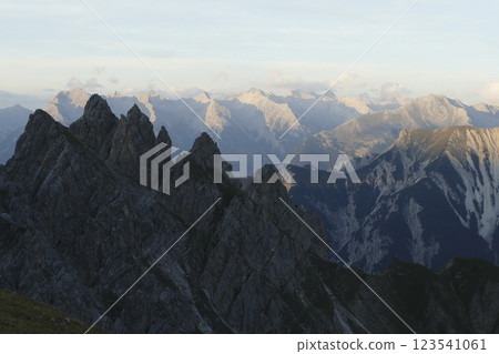 Panoramic view from Nordlinger hut on Karwendel Hohenweg, Austria Panoramic view from Nordlinger hut on Karwendel Hohenweg, Austria 123541061