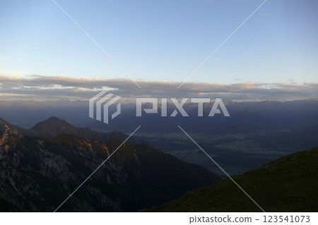 Panoramic view from Nordlinger hut on Karwendel Hohenweg, Austria Panoramic view from Nordlinger hut on Karwendel Hohenweg, Austria 123541073