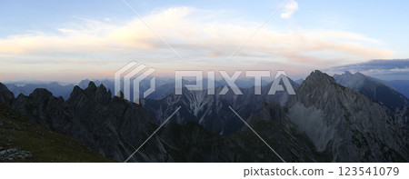 Panoramic view from Nordlinger hut on Karwendel Hohenweg, Austria 123541079