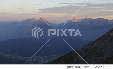 Panoramic view Hohe Munde  from Nordlinger hut on Karwendel Hohenweg, Austria 123541082