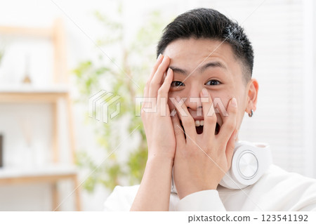 Boy, teenage, living room, surprised Boy, teenage, living room, surprised 123541192