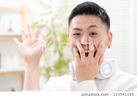 Boy, teenage, living room, surprised 123541193