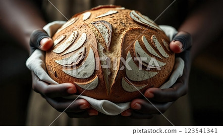 The Artisan's Pride A Masterfully Scored Sourdough bread Creation Presented in Traditional Baker's Cloth 123541341
