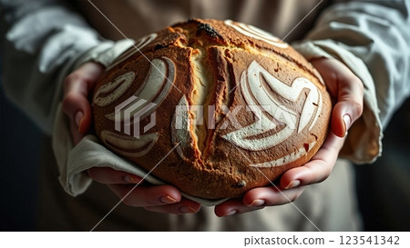 The Artisan's Pride A Masterfully Scored Sourdough bread Creation Presented in Traditional Baker's Cloth 123541342