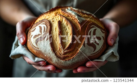 The Artisan's Pride A Masterfully Scored Sourdough bread Creation Presented in Traditional Baker's Cloth 123541344