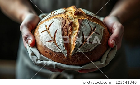 The Artisan's Pride A Masterfully Scored Sourdough bread Creation Presented in Traditional Baker's Cloth 123541346