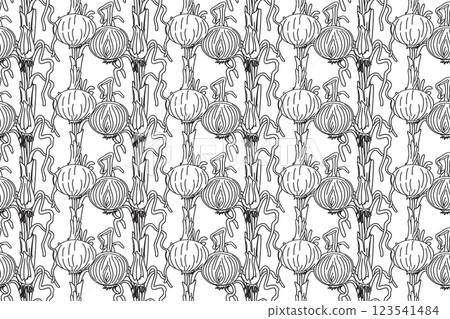 Line art seamless pattern with onions plants vector illustration. Hand drawn outline repeating vegetables pattern background. Graphic design for Cover Coloring Book Textile Fashion Print Birthday Card Line art seamless pattern with onions plants vector illustration. Hand drawn outline repeating vegetables pattern background. Graphic design for Cover Coloring Book Textile Fashion Print Birthday Card 123541484