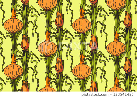 Botanical abstract seamless pattern with juicy onions vector illustration. Colorful vegetables repeating cartoon pattern in yellow color background. Graphic design for Fashion Cover Textile Birthday 123541485