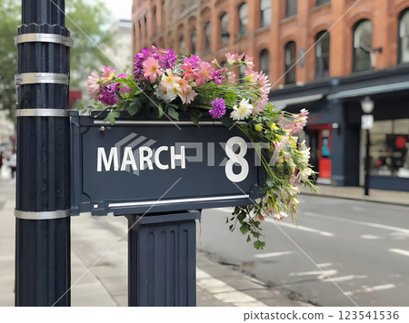 A bright sign with "March 8th" written on it catches the eye on a lively city street, celebrating International Women's Day. 123541536