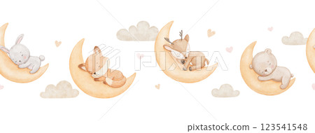 Seamless border with cute baby deer, bunny and bear sleeping on moon, watercolor illustrations. Woodland animals, repeating hand drawn design on white background 123541548