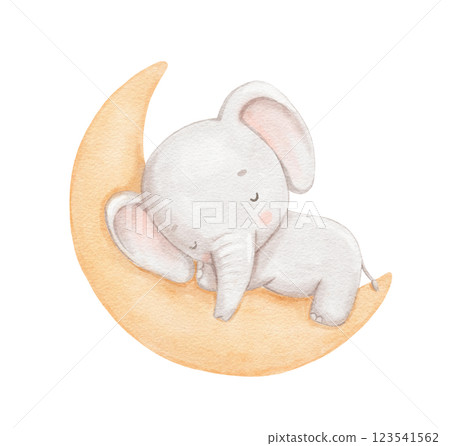 Watercolor cute elephant sleeping on moon, watercolor hand drawn illustration for children, painted drawing with isolated background Watercolor cute elephant sleeping on moon, watercolor hand drawn illustration for children, painted drawing with isolated background 123541562