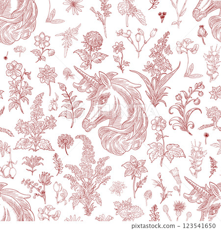 Floral and Unicorn Seamless Pattern: Elegant Vector Illustration for Fabrics, Wallpapers, and Packaging Design Floral and Unicorn Seamless Pattern: Elegant Vector Illustration for Fabrics, Wallpapers, and Packaging Design 123541650