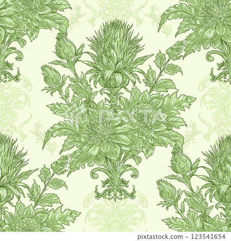 Burdock Floral Seamless Pattern: Elegant Vector Illustration for Fabrics, Wallpapers, and Packaging Design Burdock Floral Seamless Pattern: Elegant Vector Illustration for Fabrics, Wallpapers, and Packaging Design 123541654