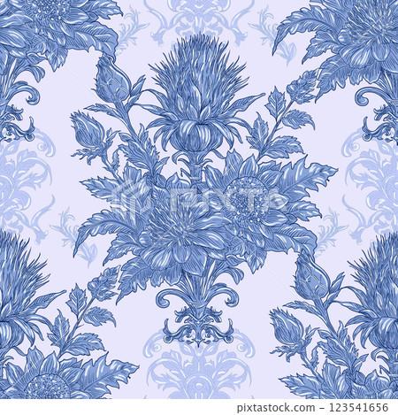 Burdock Floral Seamless Pattern: Elegant Vector Illustration for Fabrics, Wallpapers, and Packaging Design 123541656