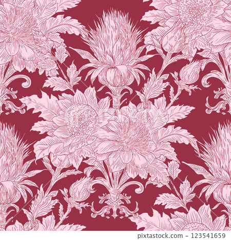 Burdock Floral Seamless Pattern: Elegant Vector Illustration for Fabrics, Wallpapers, and Packaging Design Burdock Floral Seamless Pattern: Elegant Vector Illustration for Fabrics, Wallpapers, and Packaging Design 123541659