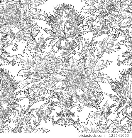Burdock Floral Seamless Pattern: Elegant Vector Illustration for Fabrics, Wallpapers, and Packaging Design Burdock Floral Seamless Pattern: Elegant Vector Illustration for Fabrics, Wallpapers, and Packaging Design 123541663