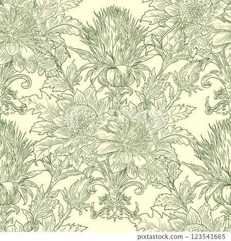 Burdock Floral Seamless Pattern: Elegant Vector Illustration for Fabrics, Wallpapers, and Packaging Design Burdock Floral Seamless Pattern: Elegant Vector Illustration for Fabrics, Wallpapers, and Packaging Design 123541665