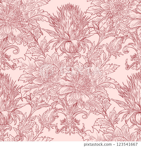Burdock Floral Seamless Pattern: Elegant Vector Illustration for Fabrics, Wallpapers, and Packaging Design Burdock Floral Seamless Pattern: Elegant Vector Illustration for Fabrics, Wallpapers, and Packaging Design 123541667