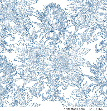 Burdock Floral Seamless Pattern: Elegant Vector Illustration for Fabrics, Wallpapers, and Packaging Design 123541669