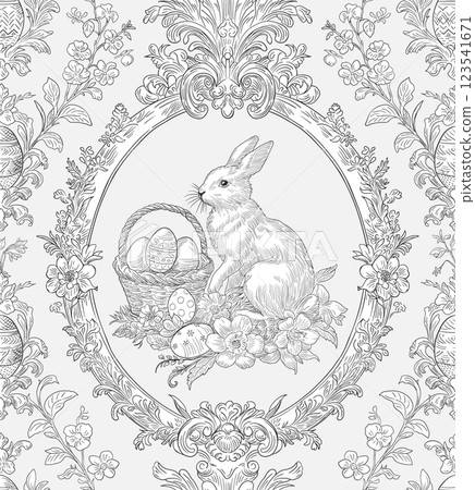 Easter Bunny Basket and Eggs Spring Elegant Seamless Pattern for Fabrics, Wallpapers and Packaging 123541671