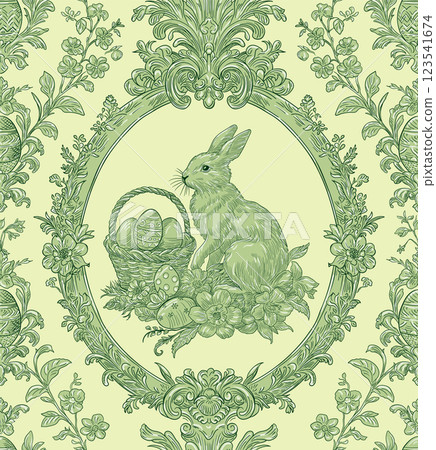 Easter Bunny Basket and Eggs Spring Elegant Seamless Pattern for Fabrics, Wallpapers and Packaging 123541674