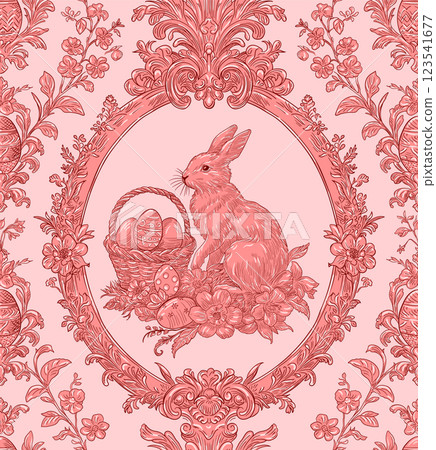 Easter Bunny Basket and Eggs Spring Elegant Seamless Pattern for Fabrics, Wallpapers and Packaging 123541677