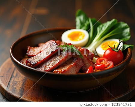 Rustic Gourmet Bowl of Roasted Duck with Vegetables and Boiled Egg 123541781