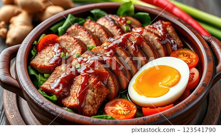 Rustic Gourmet Bowl of Roasted Duck with Vegetables and Boiled Egg 123541790